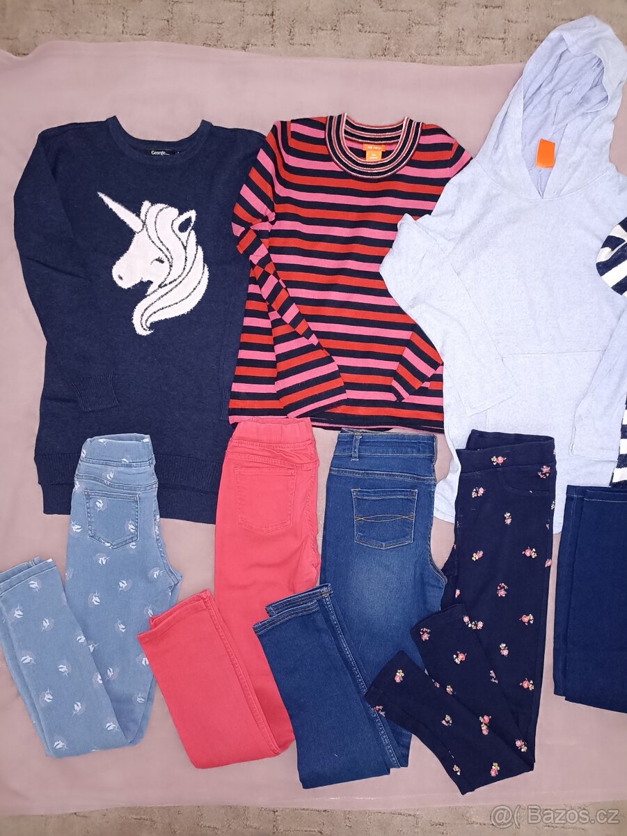 Džíny+Jegginy + mikiny+ svetry vel. 146/152 - 2