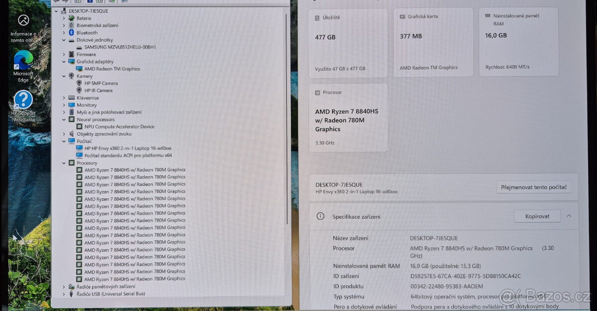 HP, Ryzen 7-8840HS 8/16x 5,1GHz, 16GB DDR5, 512GB SSD, 8hod. - 2