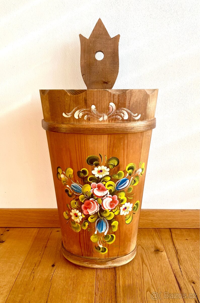 Staré krásné dřevěné malované vědro - 2