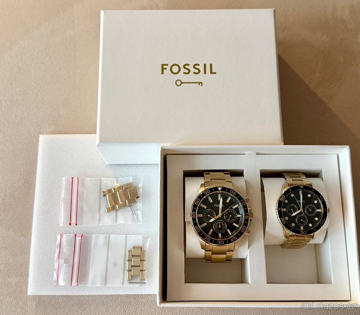 FOSSIL Bannon Chronograf Zlaté,zelený ciferník,set MEN/WOMEN - 2