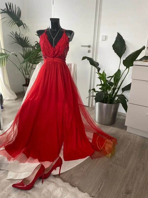 Maturitni dlouhe saty tanecni cervene tylove 38 - 2