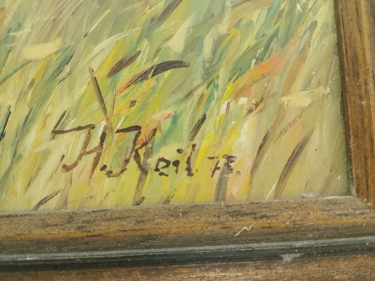 Originální olejomalba – srnčí zvěř v krajině, signováno H. K - 2