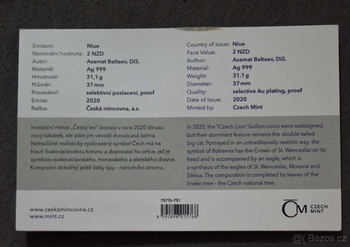 Stříbrná mince Český lev 2019 číslovaná selektivní pozlacení - 2