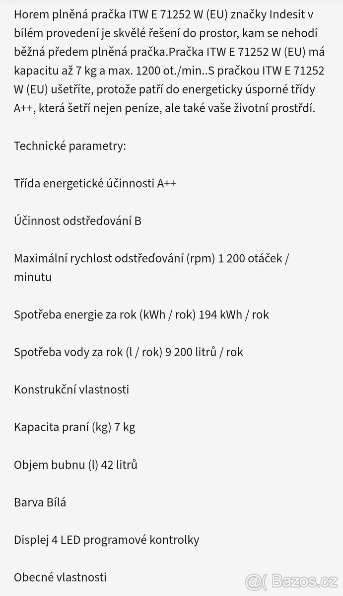 Indesit A++ 7kg, 1200ot. - 2