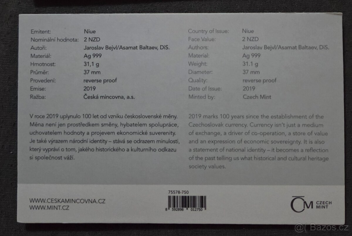 Stříbrná mince Český lev 2019 číslovaná, reverse proof - 2