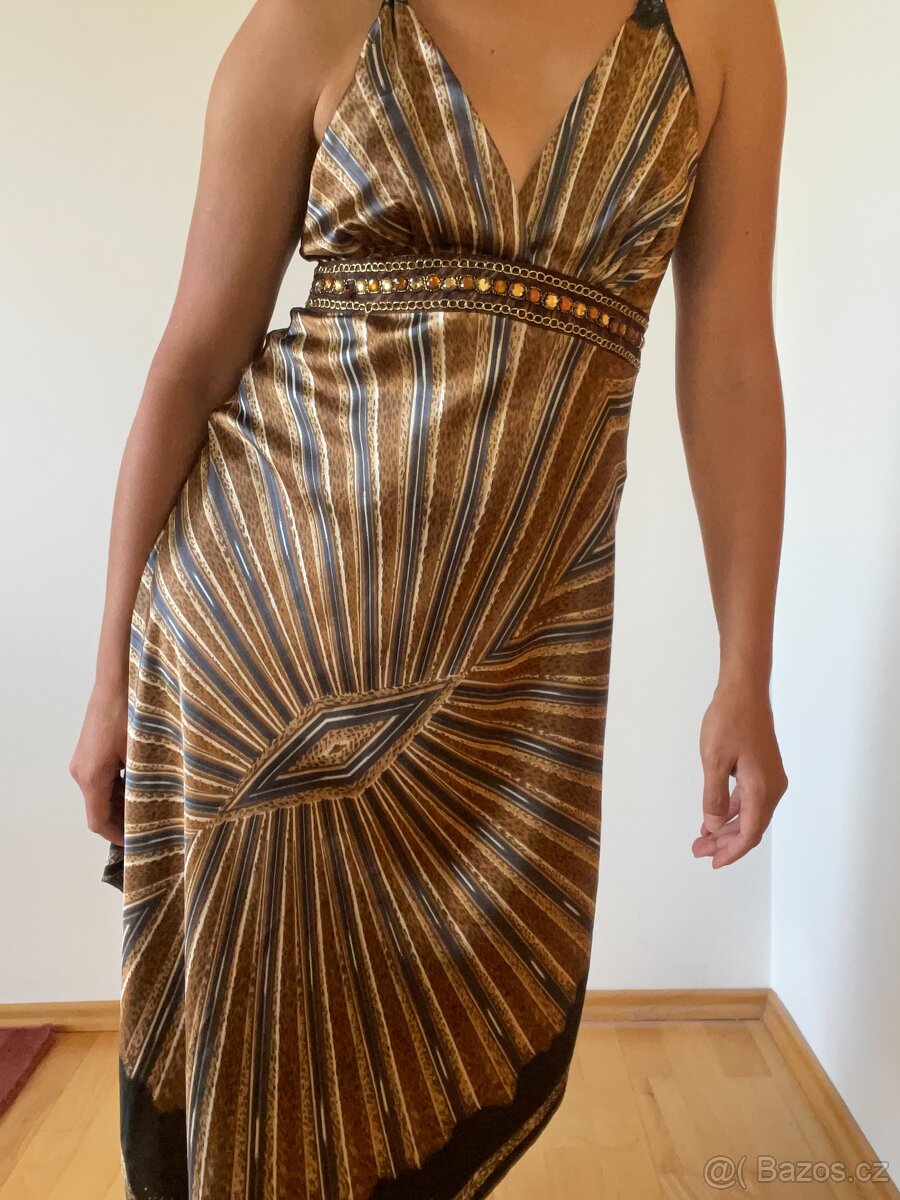 Elegantní hnědé vzorované šaty - nastavitelná délka (S/M) - 2