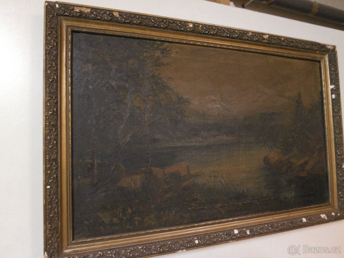 Starý obraz, krajina, jezero,sig. - 2