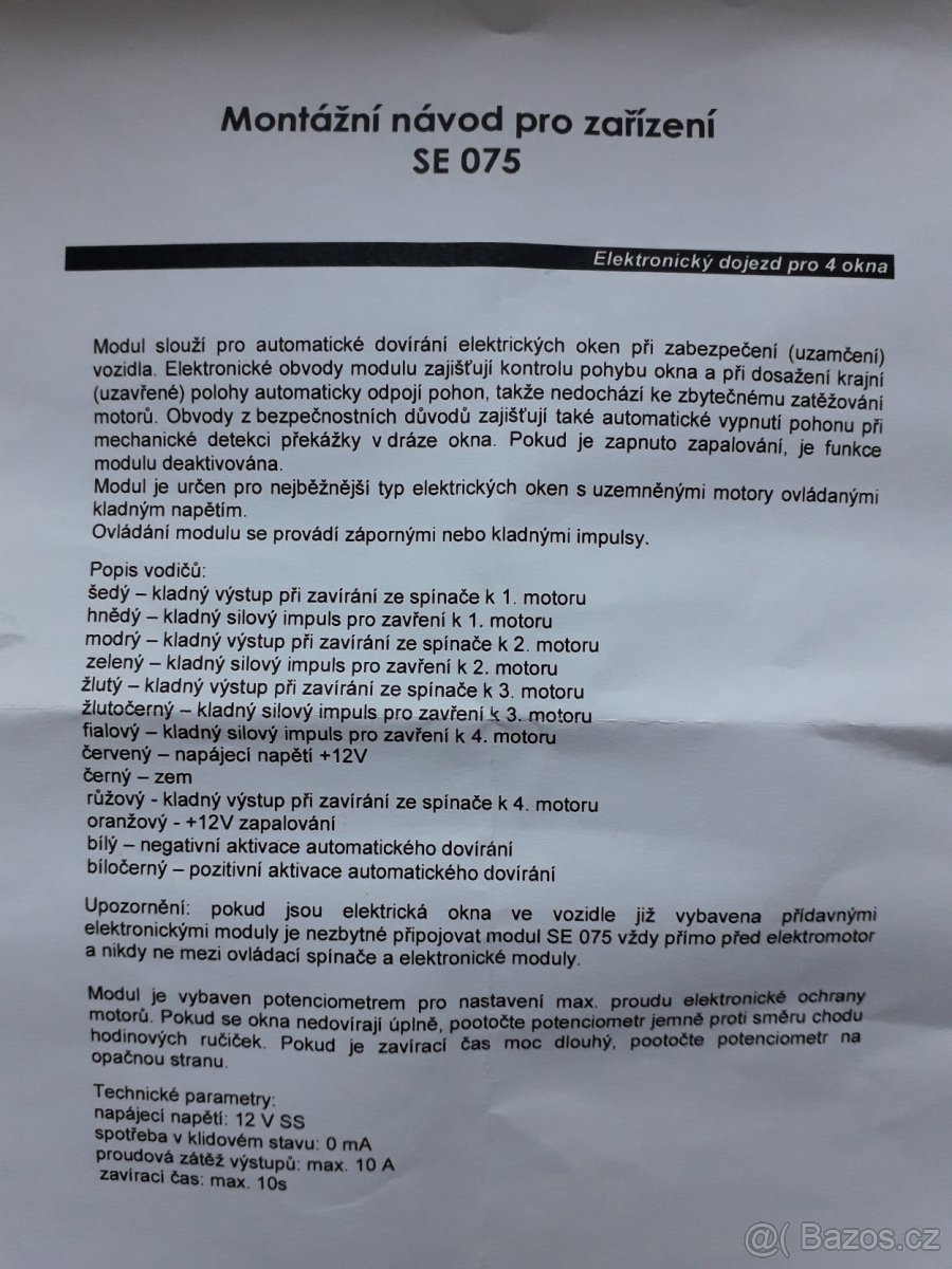 Zařízení SE 075,  elektronický dojezd pro 4okna - 2