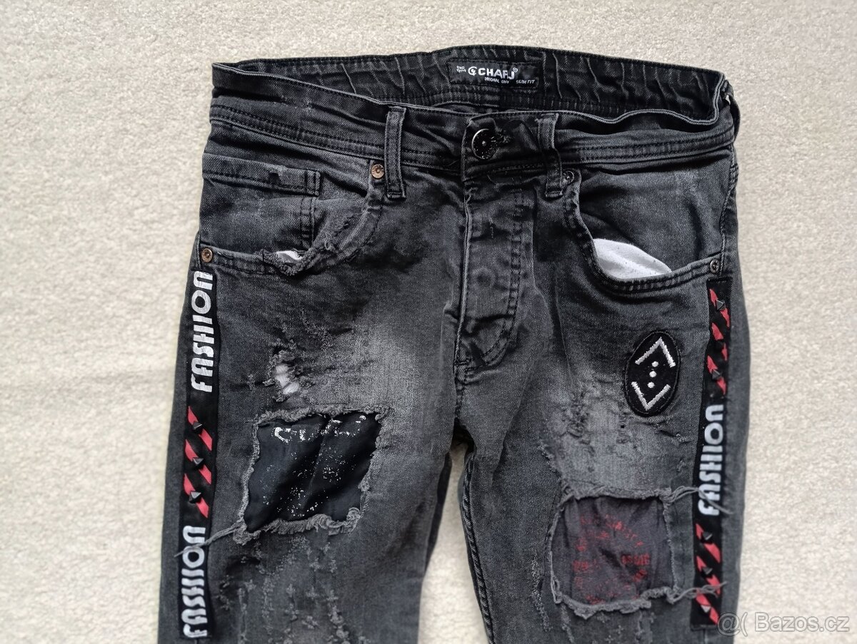 Černé/šedé trhané slim džíny Fsbn vel. ca 158/164 - 2