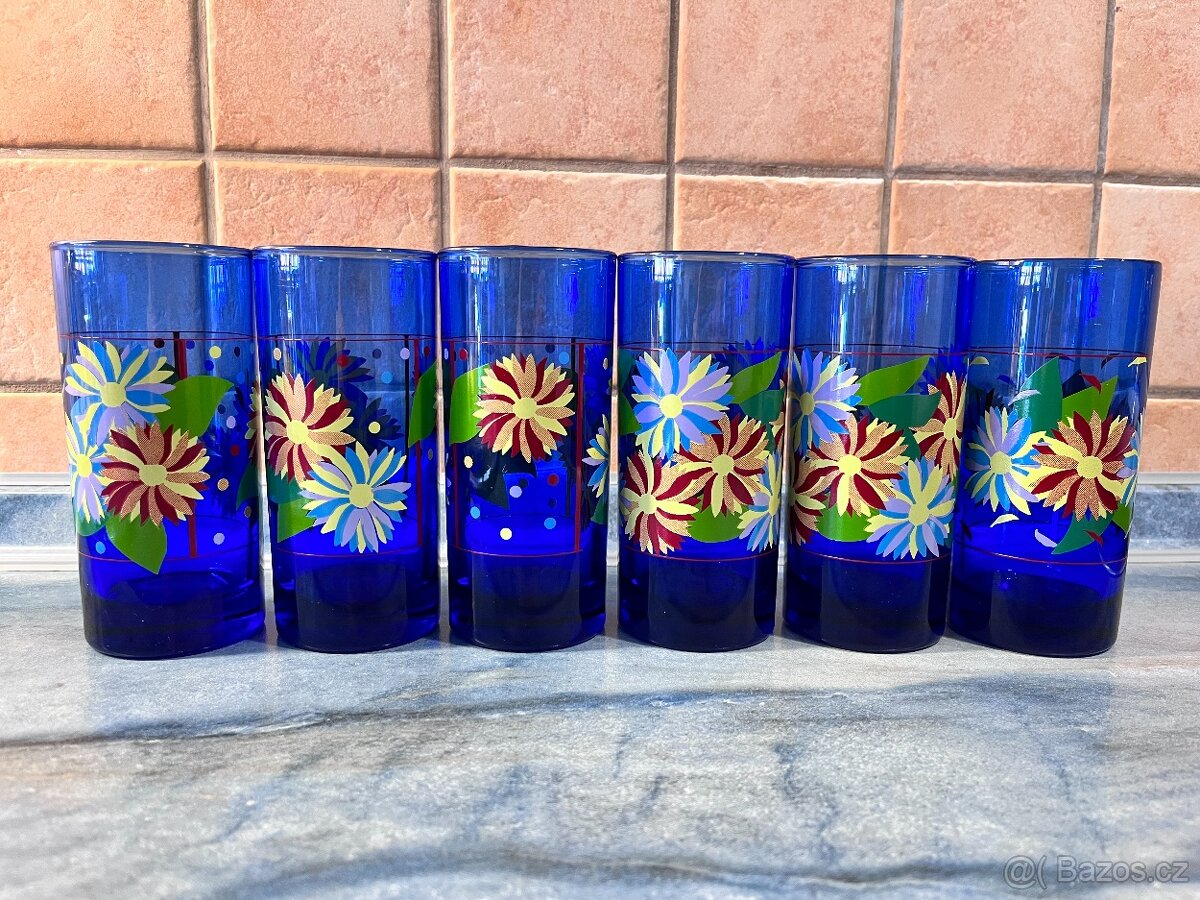 Sada 6 modrých sklenic Modré skleničky Květiny - Chvaletice - 2