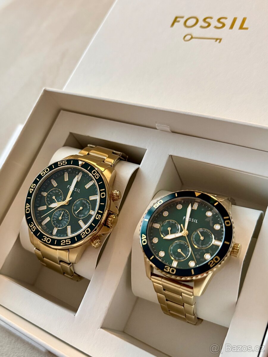 FOSSIL Bannon Chronograf Zlaté,zelený ciferník,set MEN/WOMEN - 2