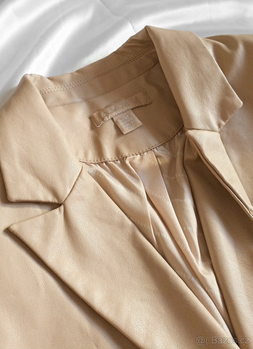 Béžový hnědý kožený kostýmek sako a sukně - 2