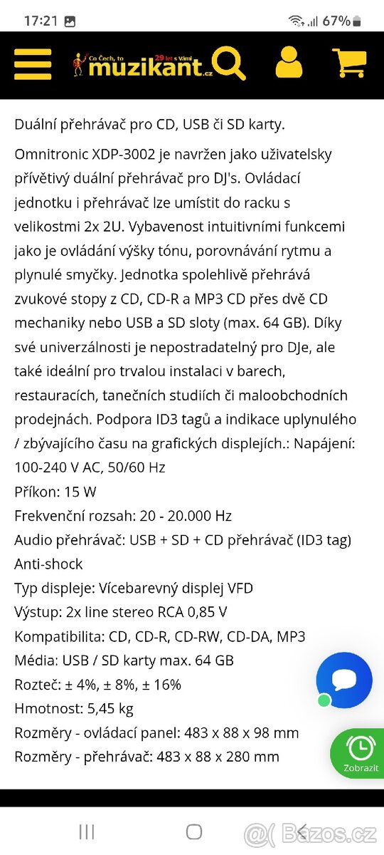 Omnitronic XPD - 3002,duální CD/MP3/SD/USB přehrávač, 19" - 2