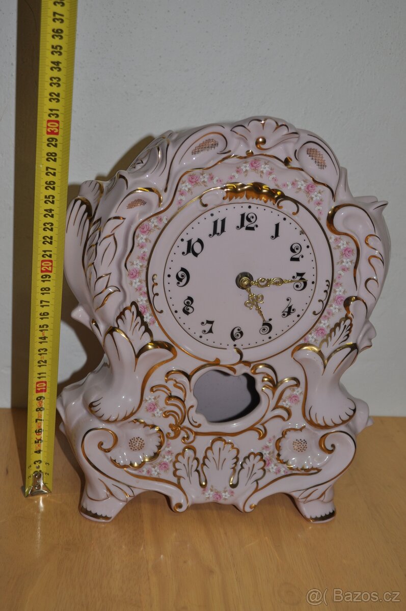zlacené krbové hodiny (růžový porcelán) - 2