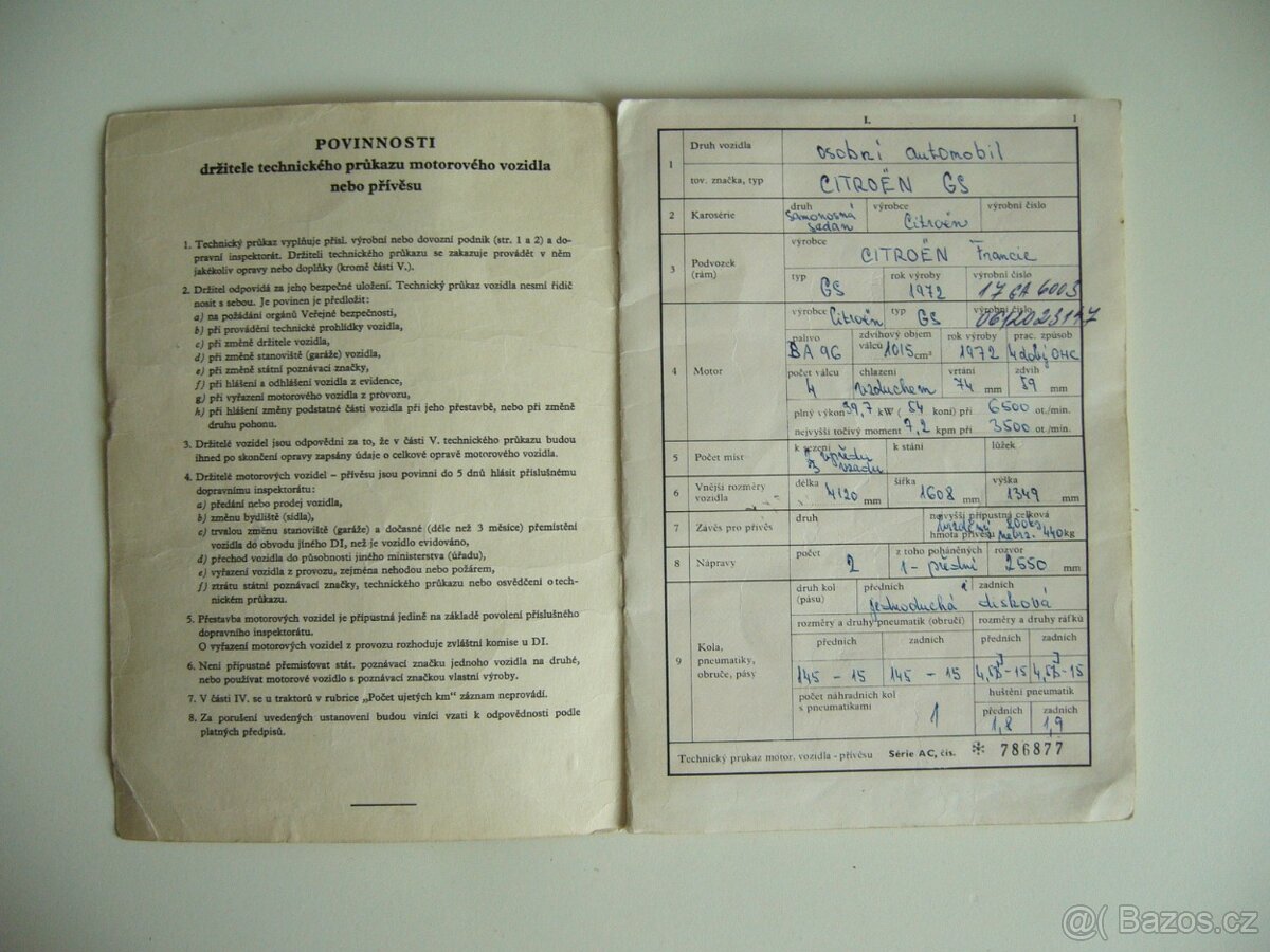 Technický průkaz CITROËN GS r.v. 1972 - 2