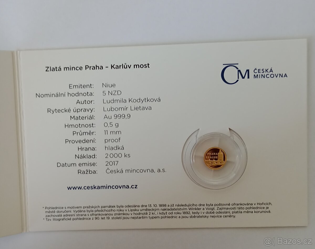 Dobová pohlednice se zlatou mincí Karlův most - 2