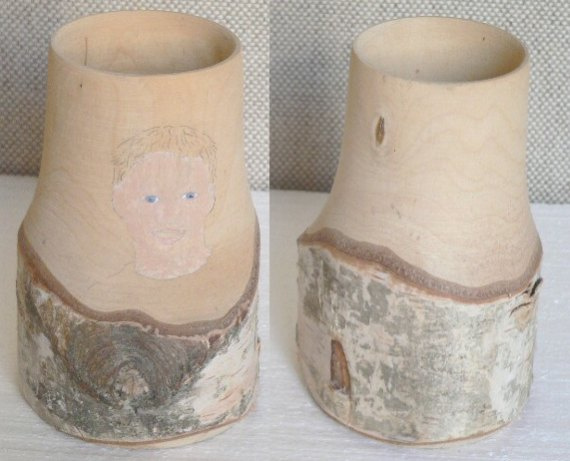 2x Dřevěná váza, bříza - samorost, ručně malované - 2