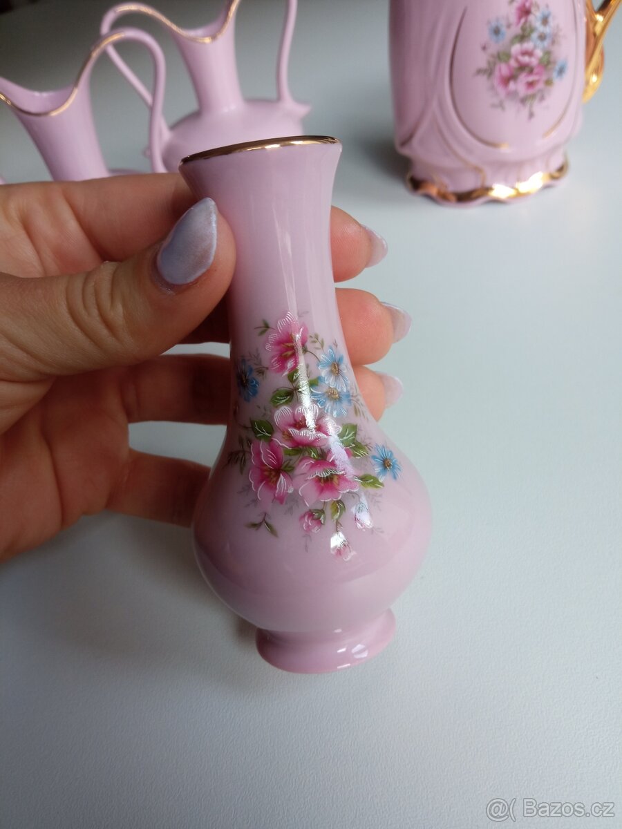 Růžový porcelán - vazičky set květinový - 2