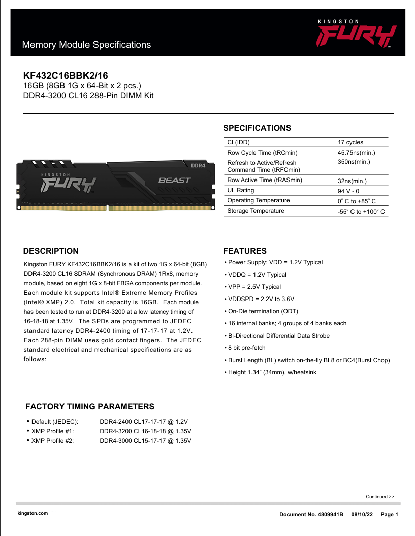 Kingston Fury Beast - DDR4-3200 / 16GB - 2