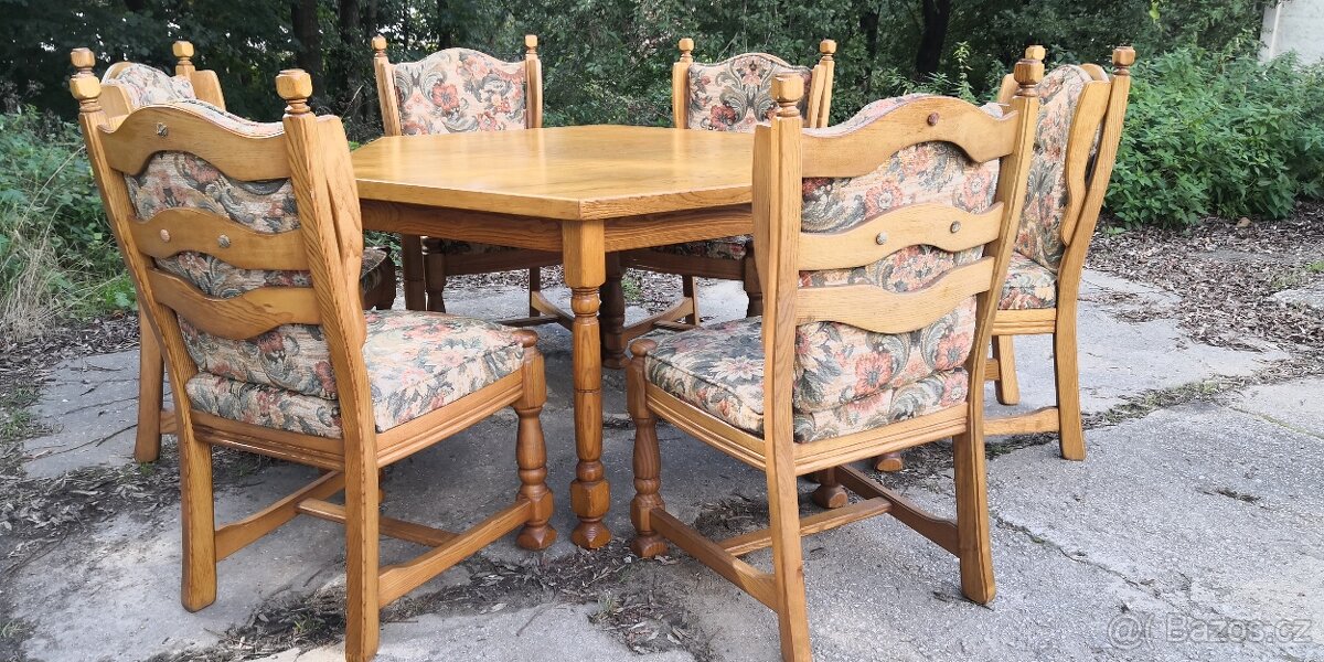 Masivní rozkládací stůl + 6x masivní židle - 2