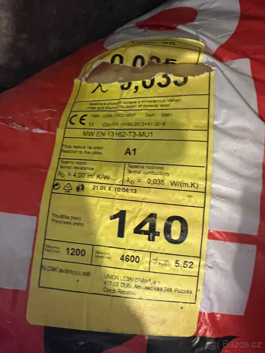 Skelná vata izolace 140 5.52m2 (3 balíky) celkem 15m2 - 2