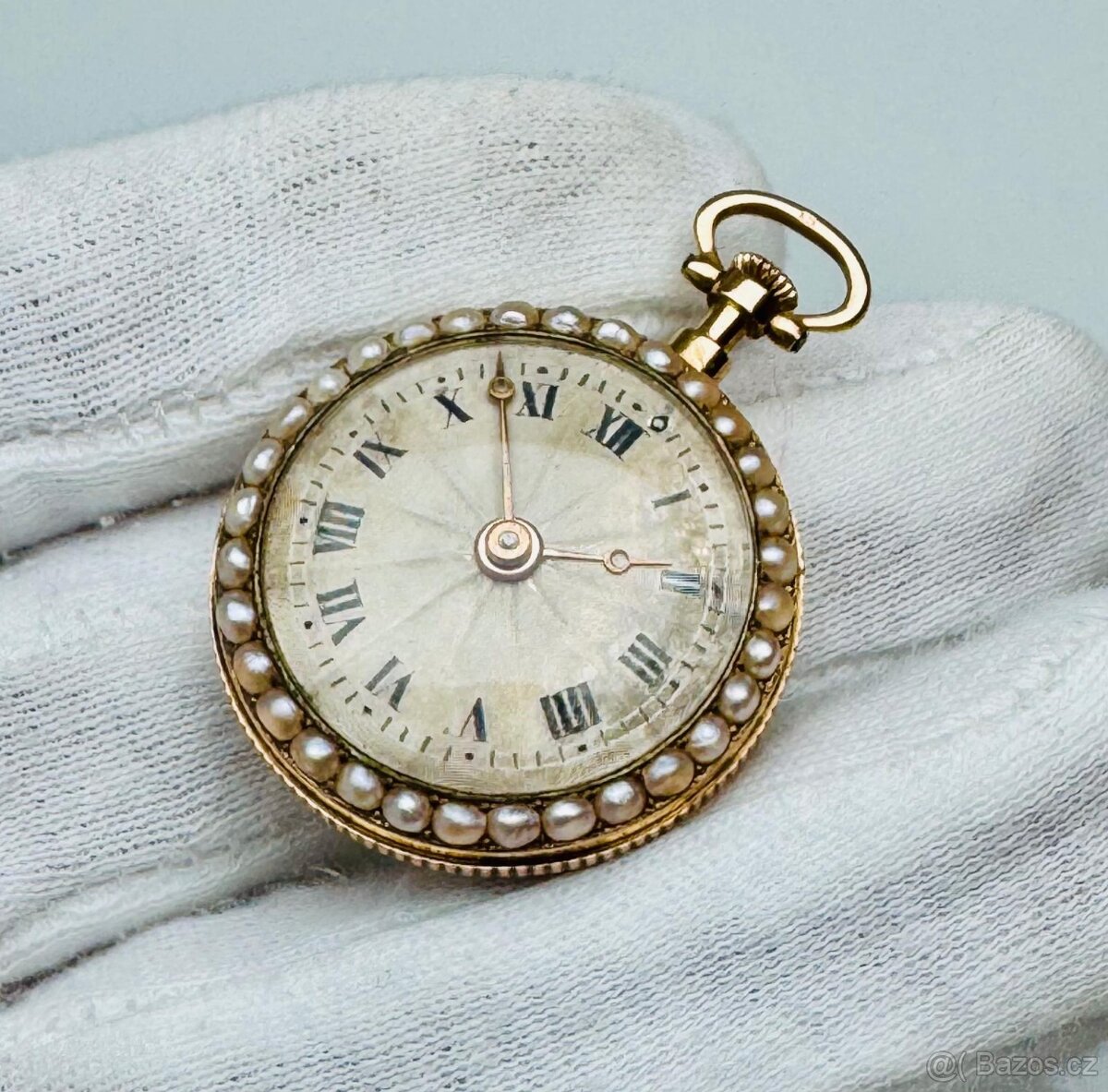 18K CELOZLATÉ ŠVÝCARSKÉ KAPESNÍ HODINKY S PERLIČKA - 2