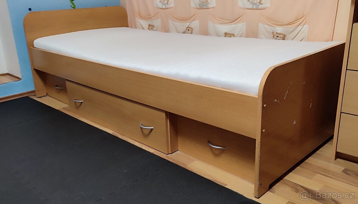 Postel s úložným prostorem, roštem a matrací 90x200 cm - 2