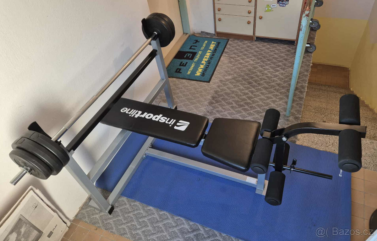 Posilovací bench lavice s dvouruční činkou a zavážíma - 2