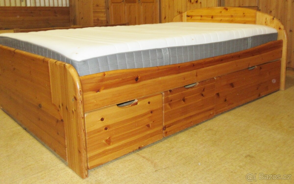 Postel + matrace + šuplíky z borovice - celomasiv - 2