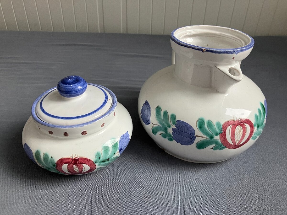 Keramická malovaná dóza s poklicí a džbán - 2