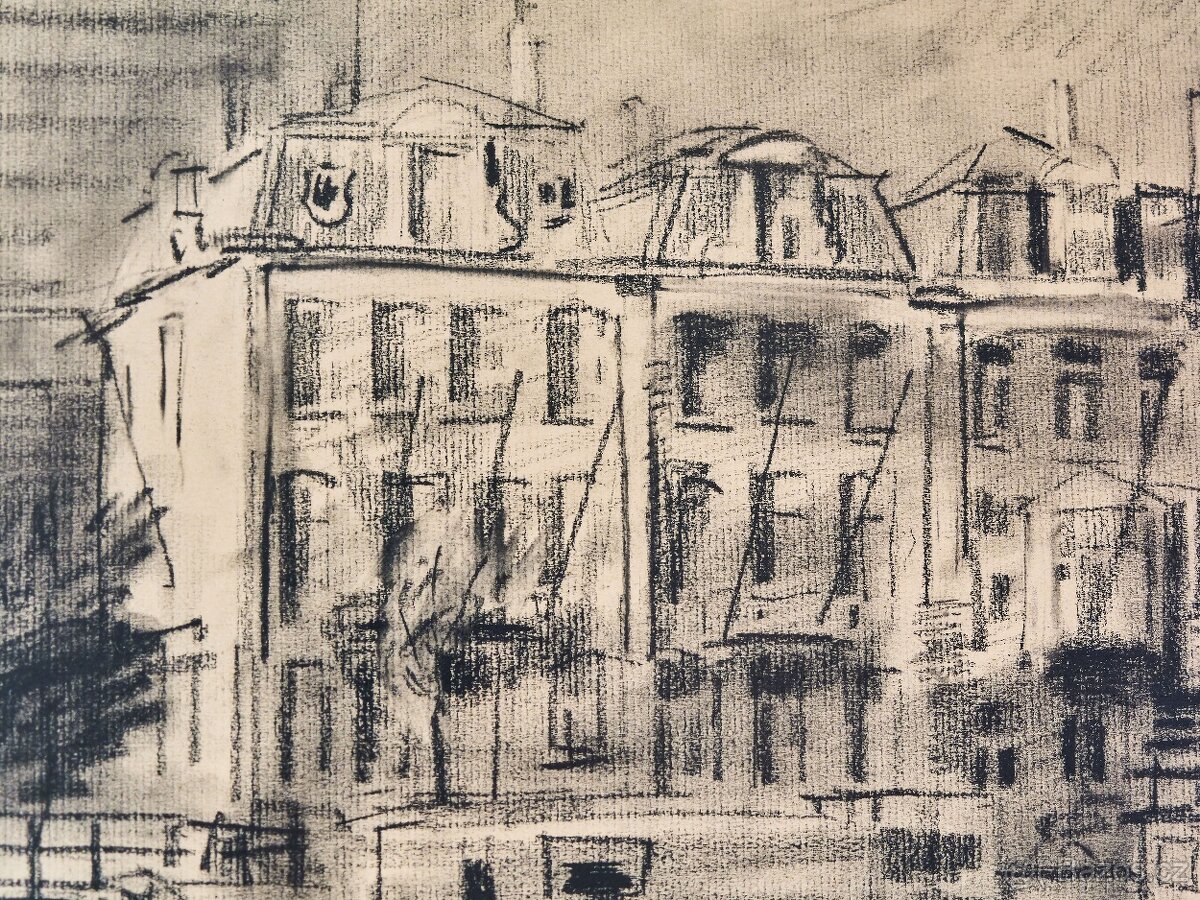 Kresba uhlem Engelman 1980, městské nábřeží, Amsterdam - 2