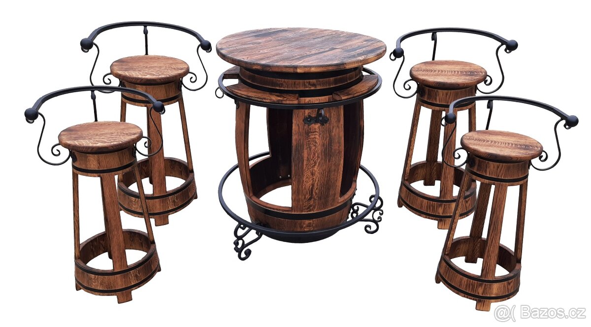 Stůl ze sudu + židle s kovanou opěrkou - 2