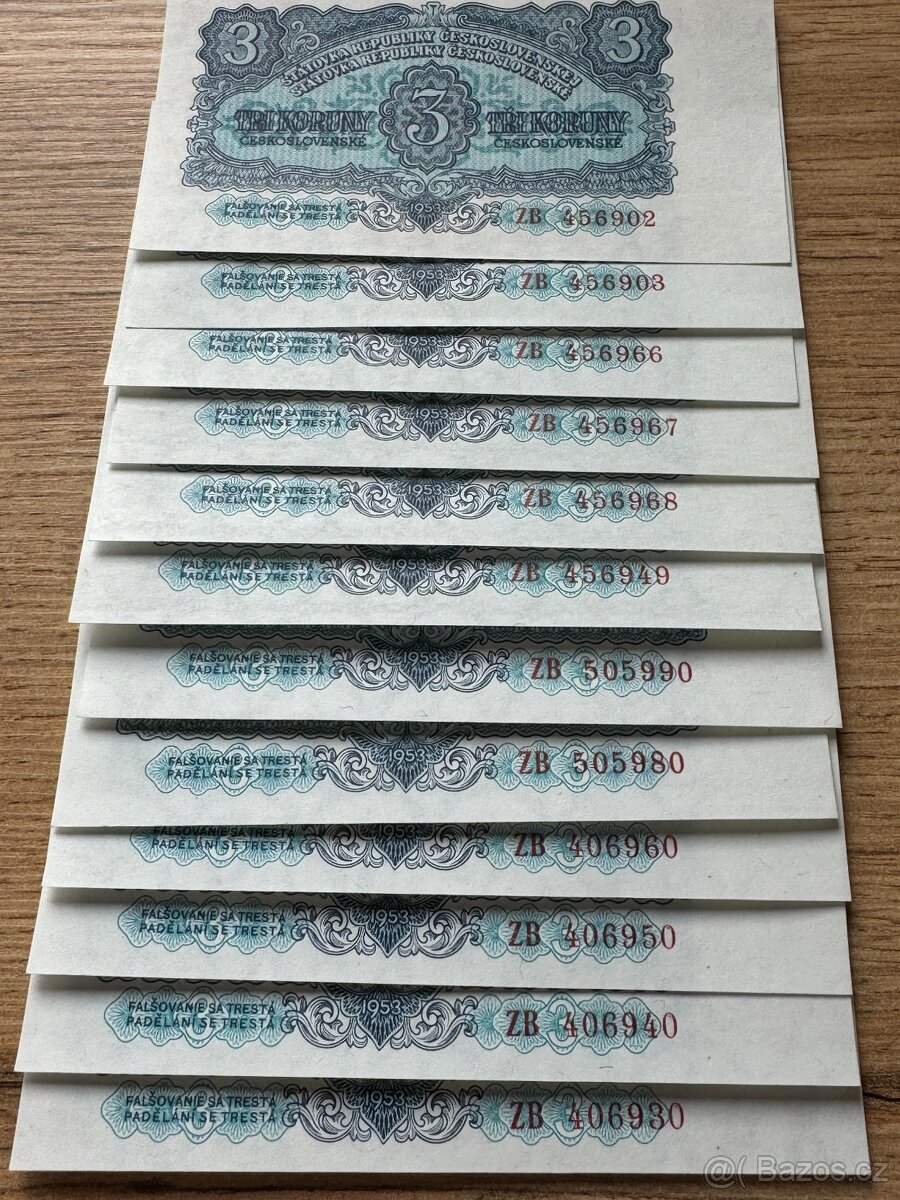3 Kčs 1953 náhradní série ZB - stav UNC - 2