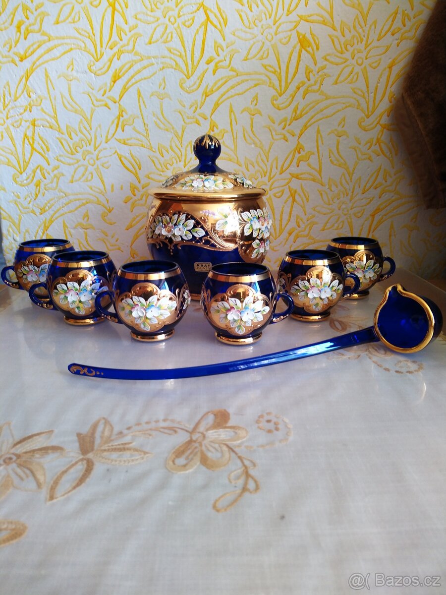 Novoborské sklo bowlovka, vysoký smalt, zlato, modrá - 2