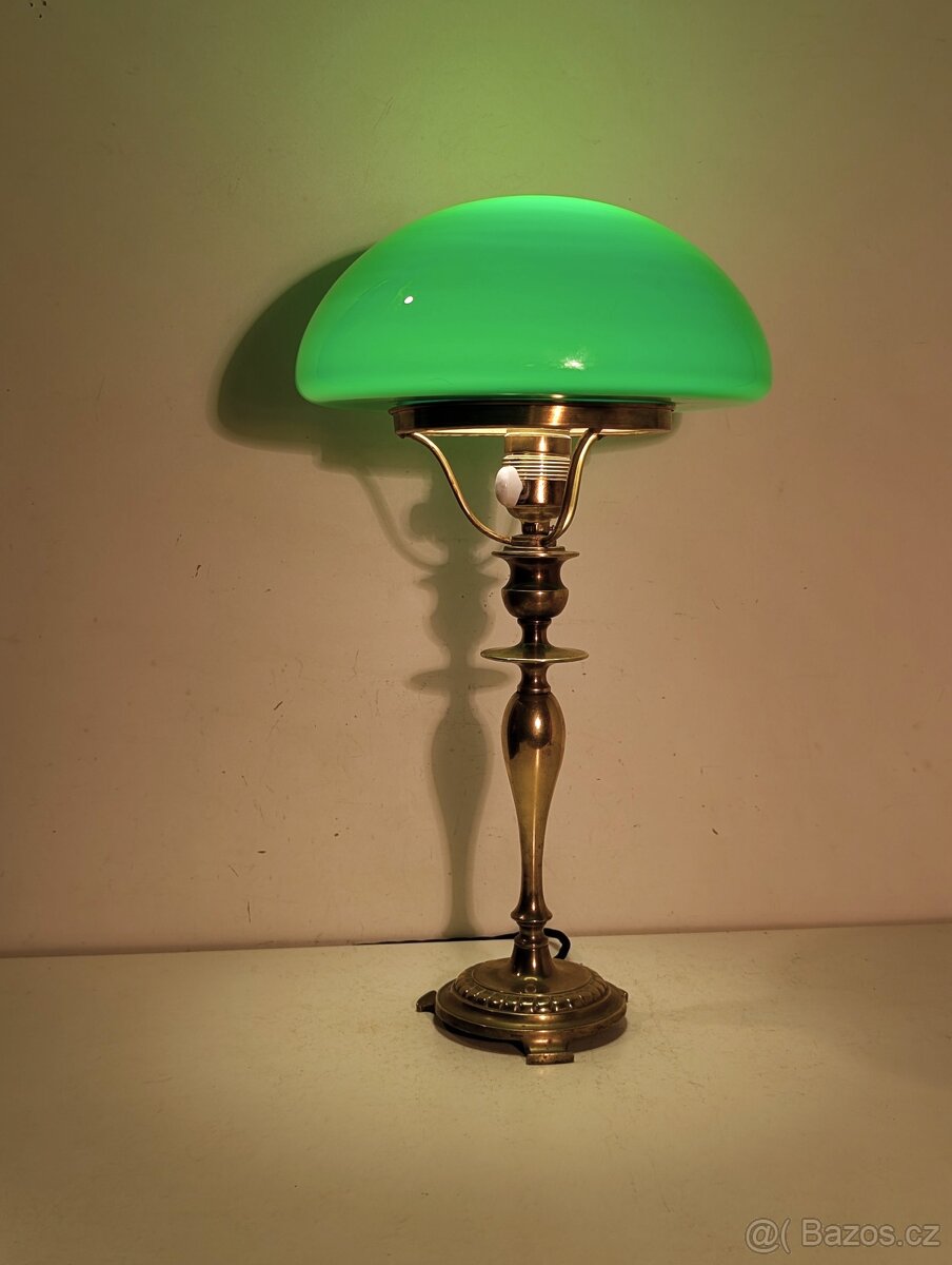 mosazná lampička, lampa, zelené stínidlo, bankéřka - 2