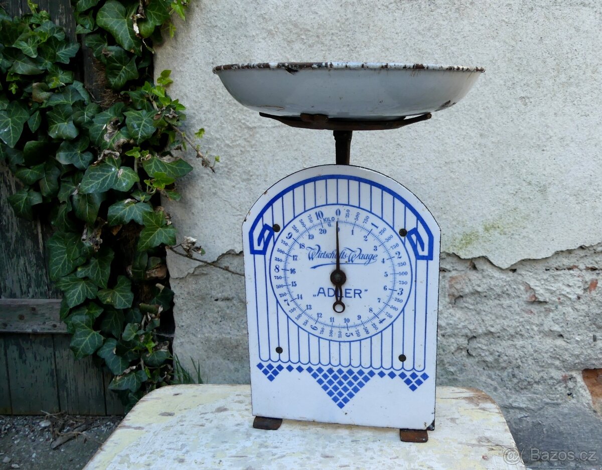 Starožitné kuchyňské jednomiskové váhy, smalt - 2