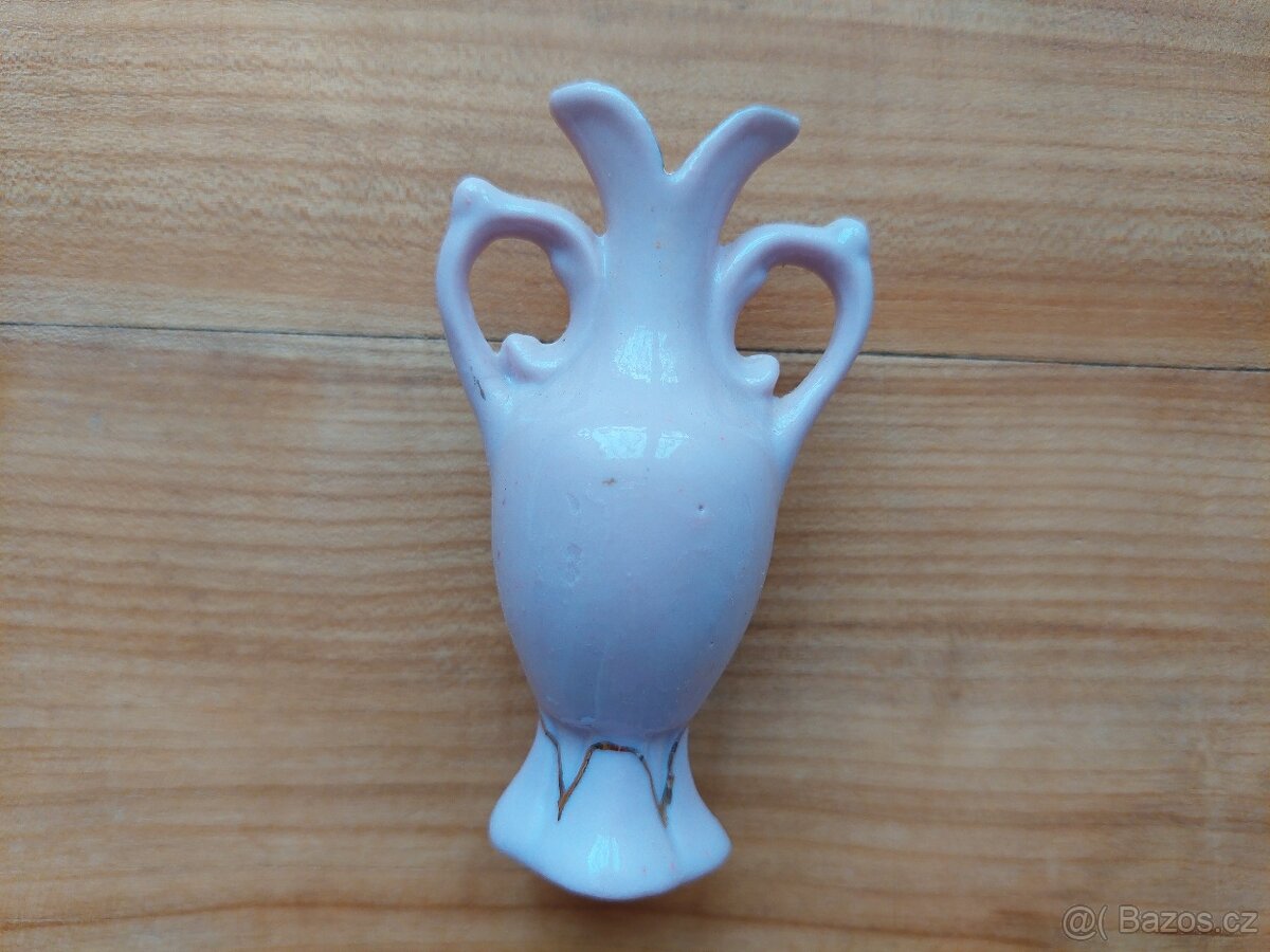 Starožitná mini vázička, růžový porcelán zlacený - SLEVA - 2