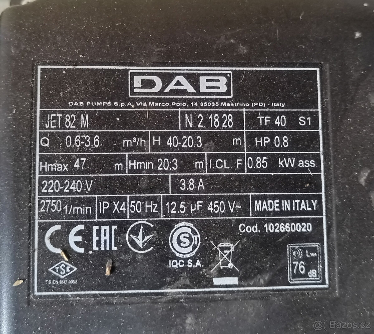 Samonasávací čerpadlo DAB JET 82 M s tlakovou nádobou 35l - 2