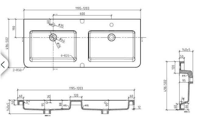 Nábytkové dvojumyvadlo 120x49 cm dva otvory pro baterii - 2