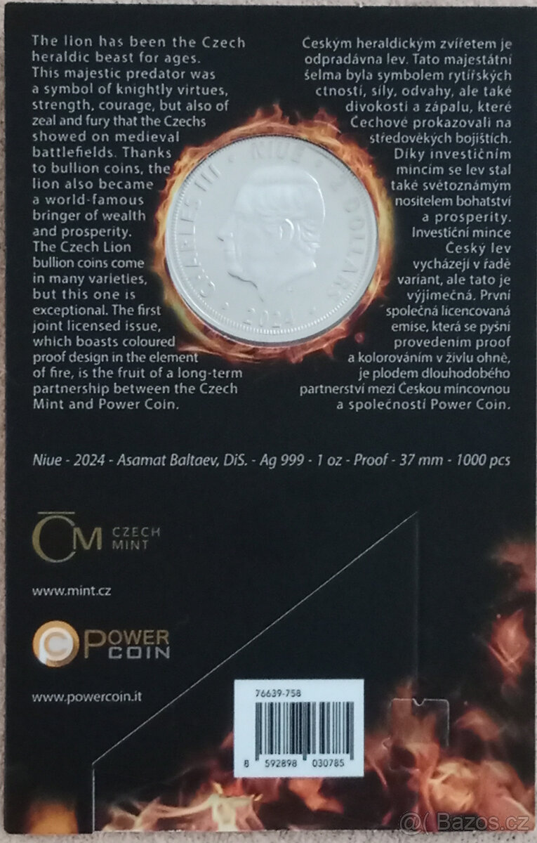 STŘÍBRNÁ UNCOVÁ INVESTIČNÍ MINCE ČESKÝ LEV 2024 PROOF BAREVN - 2