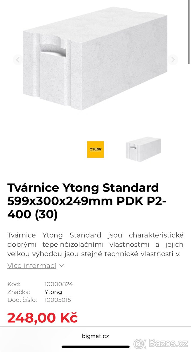 Tvárnice Ytong Standard 599x300x249mm PDK (P2-400) - 2