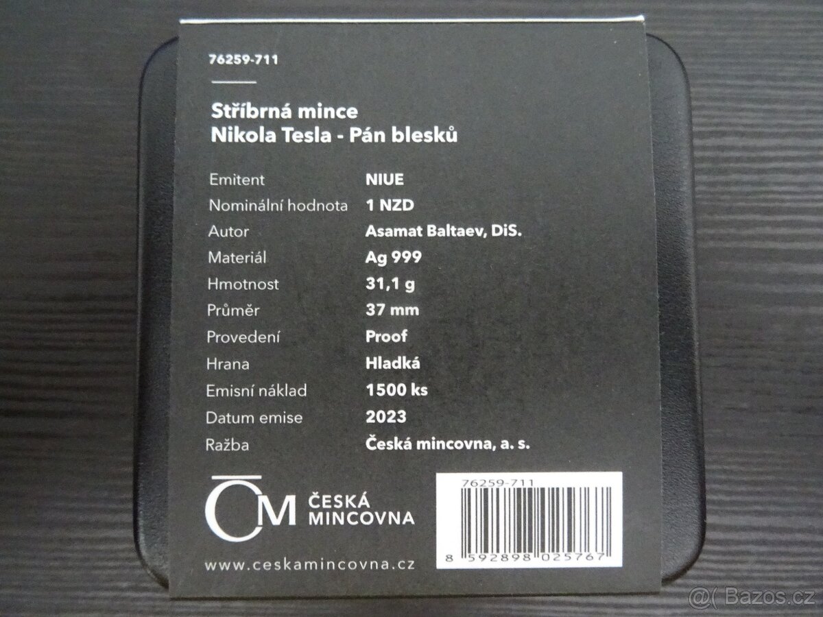 Stříbrná mince Nikola Tesla - Pán blesků proof - 2