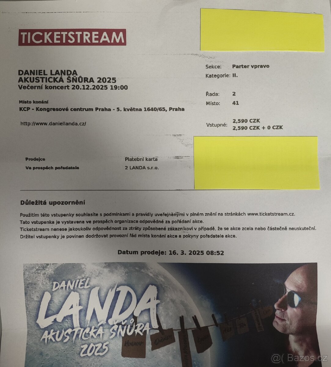 2 lístky Daniel Landa - 20.12. v 19h Praha - 2