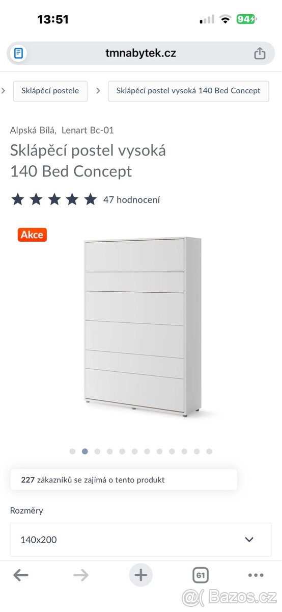 Sklápěcí postel 140 cm matrace - 2