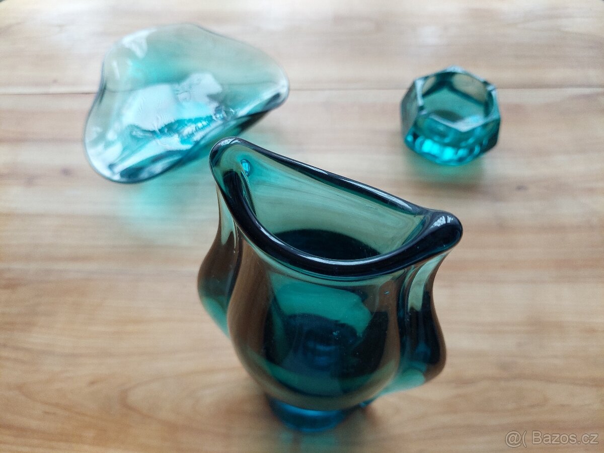 Luxusní skleněná antik váza + mísa + popelník zelené sklo - 2