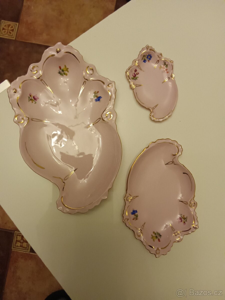 3ks porcelánových misek - růžový , zlacené 18 k. - 2