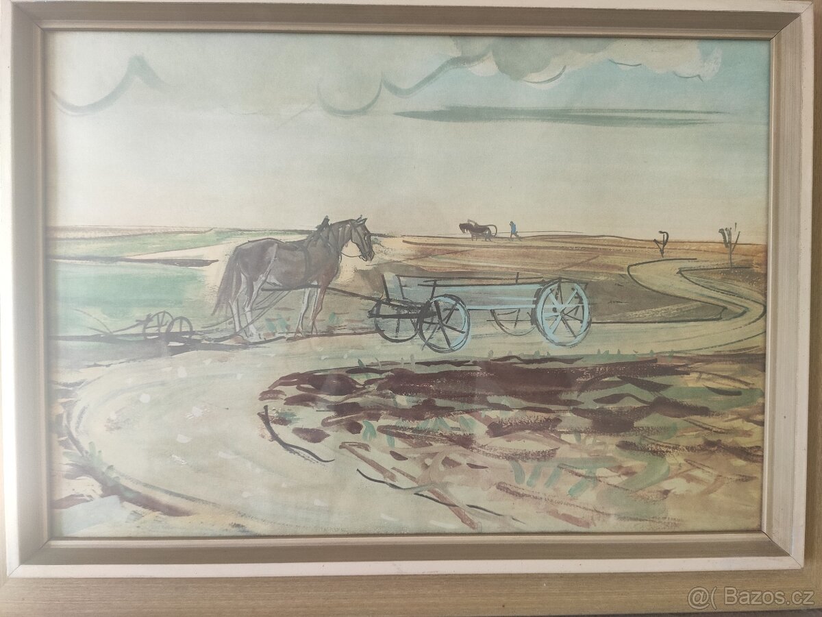 Starý obraz sedlák na poli s koněm - 2