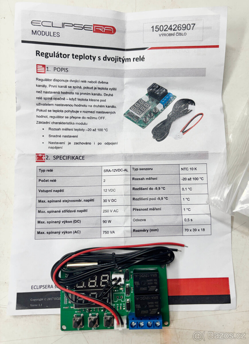 Regulátor teploty, termostat s dvojitým relé 12V - 2
