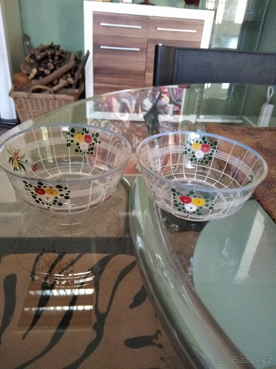 KOMPOTOVÉ MISKY 1 + 2, sklo s malbou, zachovalé. - 2