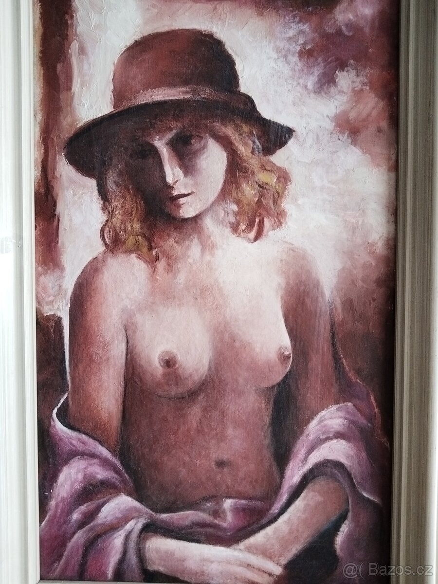 obraz DÍVKA V KLOBOUKU, akt, olej, nesignováno - 2